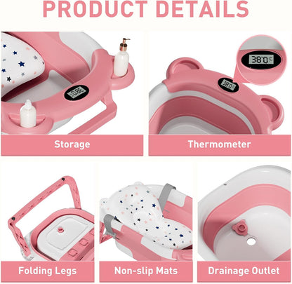 Foldable Baby Bathtub Collapsible Portable Instant Temperature Display