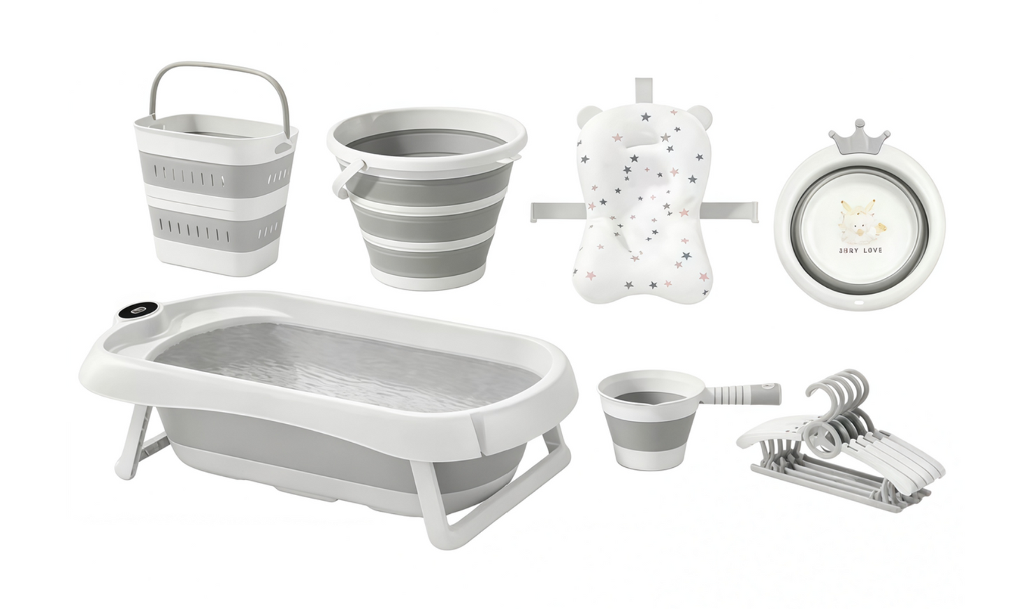 8-Piece Deluxe Foldable Baby Bath Tub Set with Non-Slip Mat and Thermometer