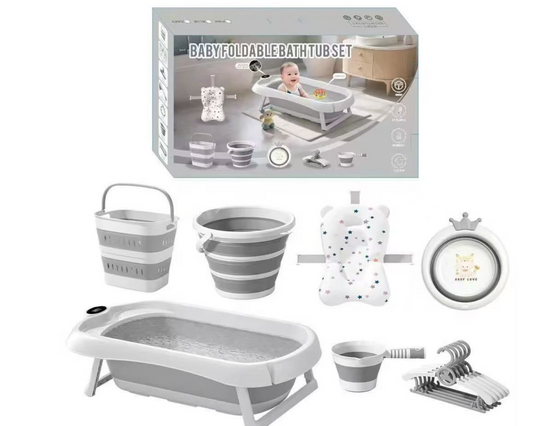 8-Piece Deluxe Foldable Baby Bath Tub Set with Non-Slip Mat and Thermometer