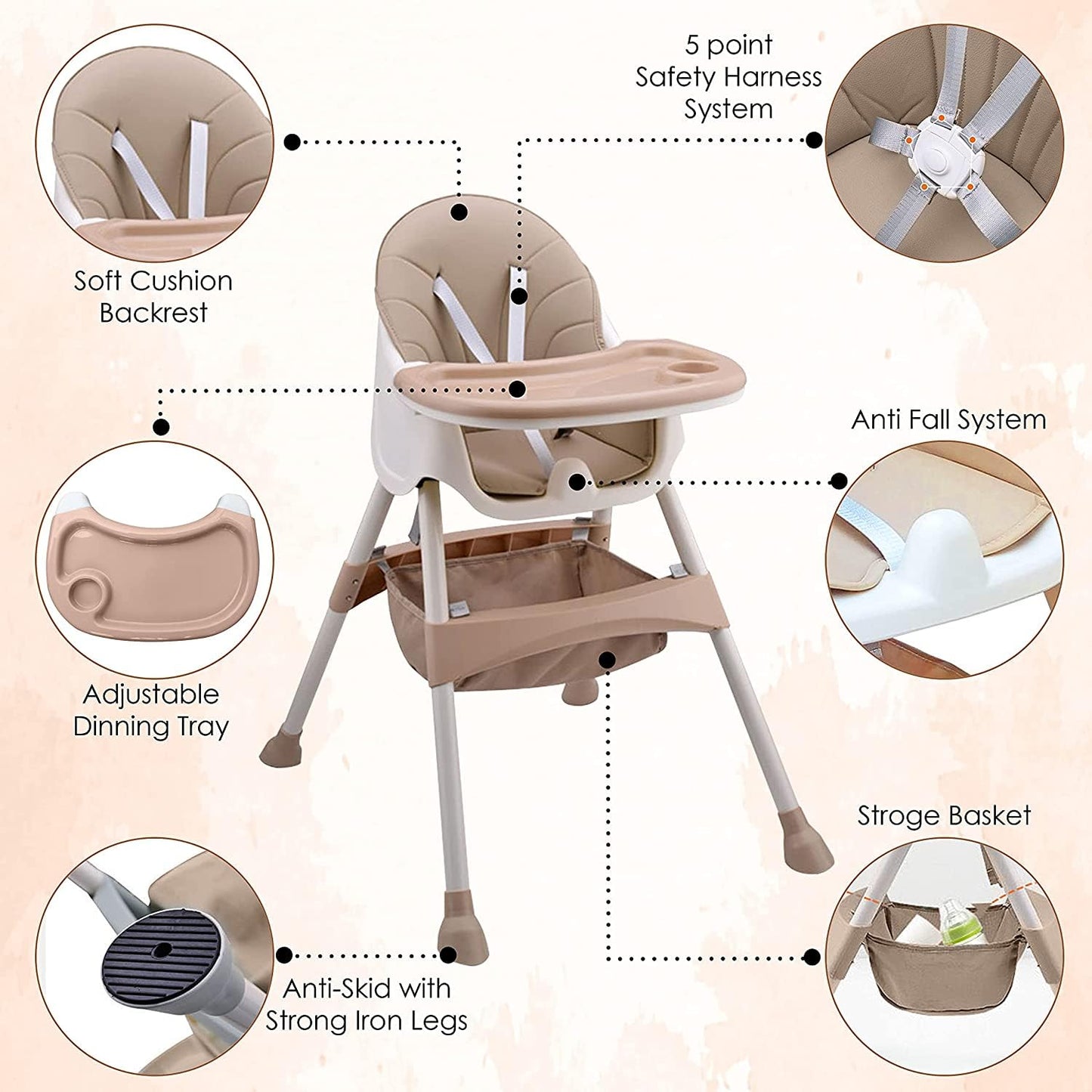 Multifunctional Adjustable Baby Feeding High Chair - Brown